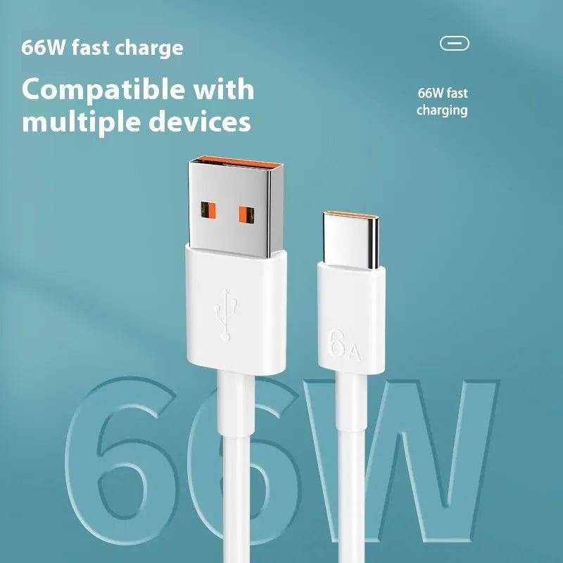 White 6A super fast charge data cable with TYPE-C, Micro USB or Lightning interface, 0.3m to 2m, PVC