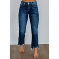 Women's solid dark blue denim casual pants with a hand-worn finish on a hanger.