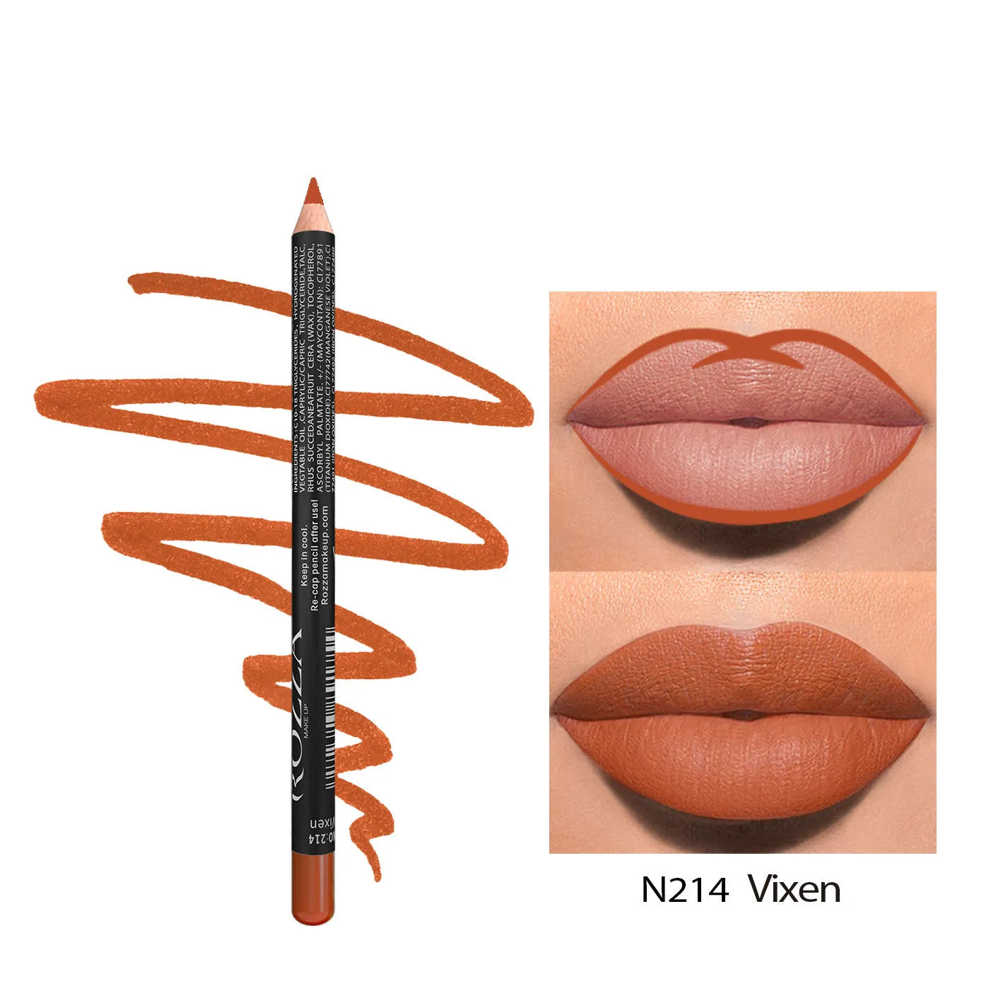 A lip liner pencil in a wooden barrel, shown with a sharp point, alongside swatches of its 14 available colour shades.
