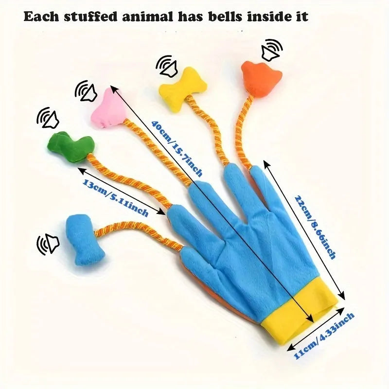 Yellow and blue magic glove cat wand toy with feather trailer and integrated bell