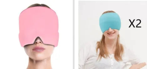 Black elastic ice gel headache relief eye mask shown on a mannequin head, adjustable for 42-66cm circumference.