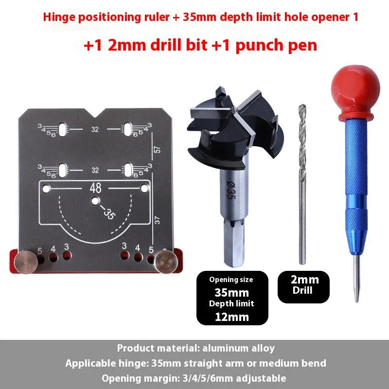 Red aluminium alloy hinge positioning ruler with adjustable margin gauge and hard alloy tapper for 35mm cabinet hinges