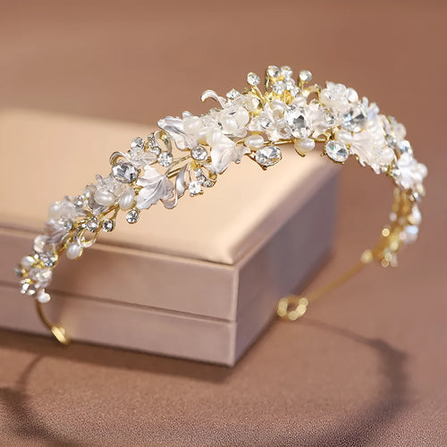 Gold and silver alloy pearl crown headdress with electroplated finish for women's wedding and birthday hair styling