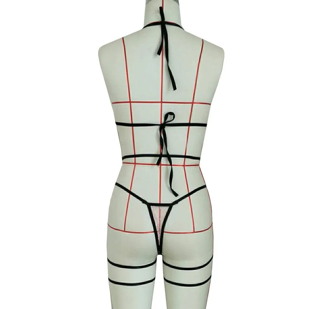 Pink lace hollow three-point lingerie set with leg straps, nylon fabric, side view on model