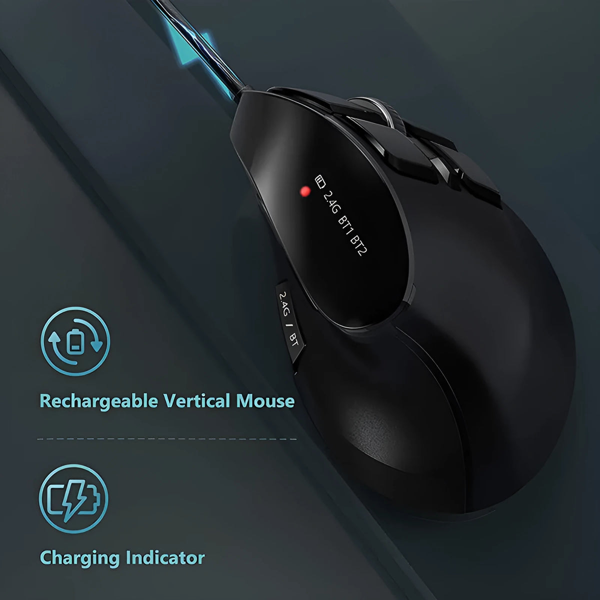 Wireless Bluetooth dual-mode rechargeable optical mouse in black, compact size 15x8x5cm