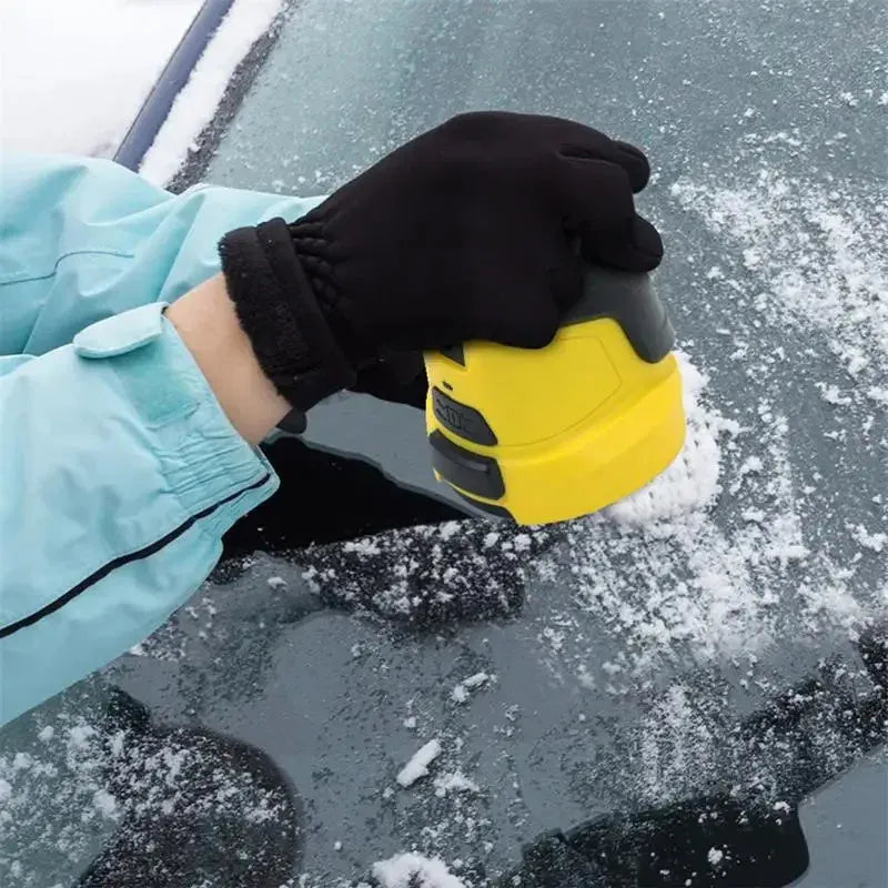 Yellow cordless electric snow scraper for car windows with USB charging cable