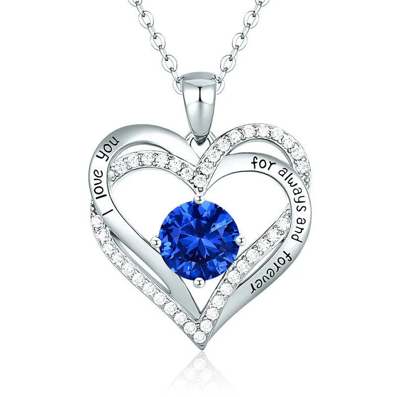 925 silver twelve birthstone pendant necklace with heart shape, rhinestones, and adjustable chain in platinum and rose gold