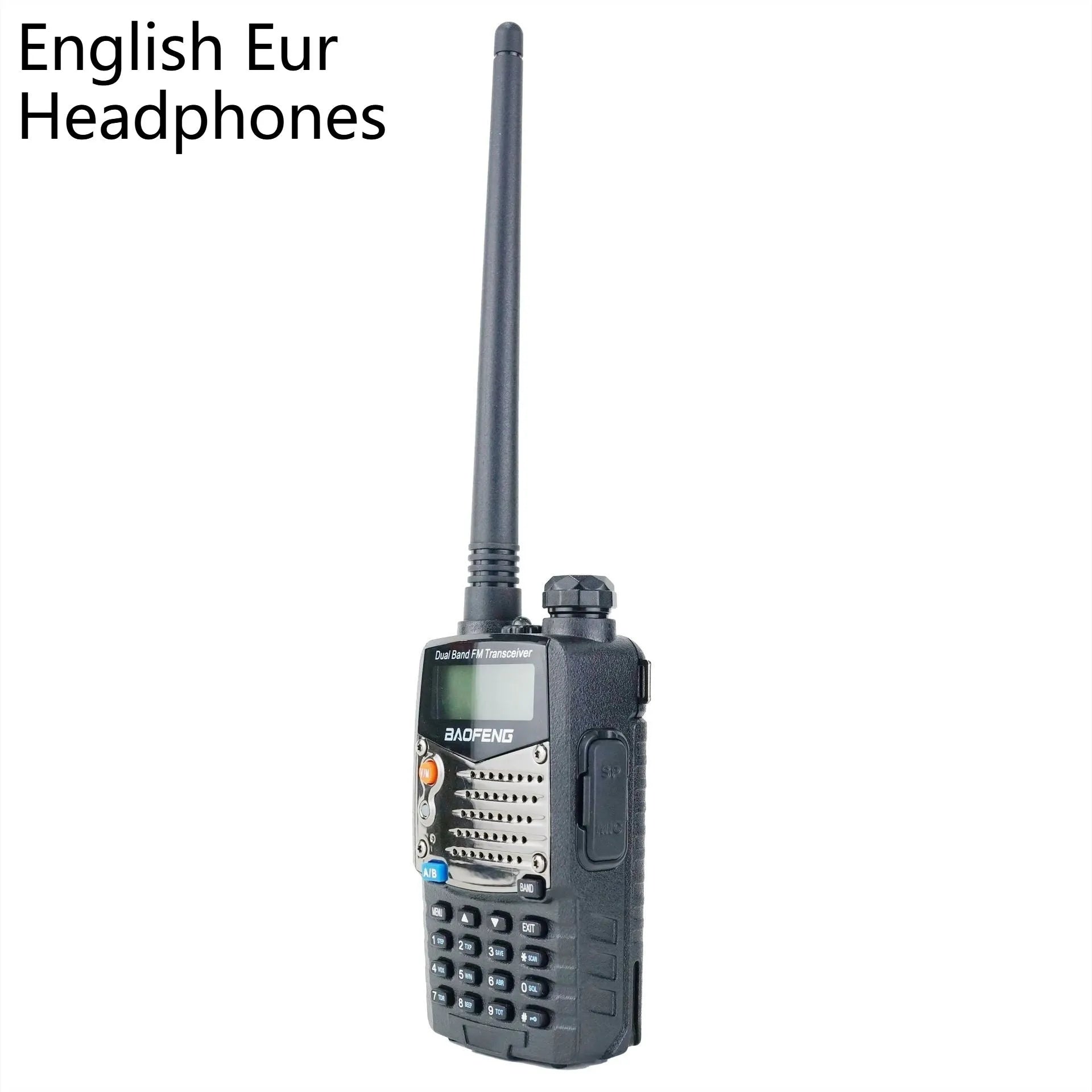 Baofeng UV-5RA handheld dual band two-way radio on a grey background.