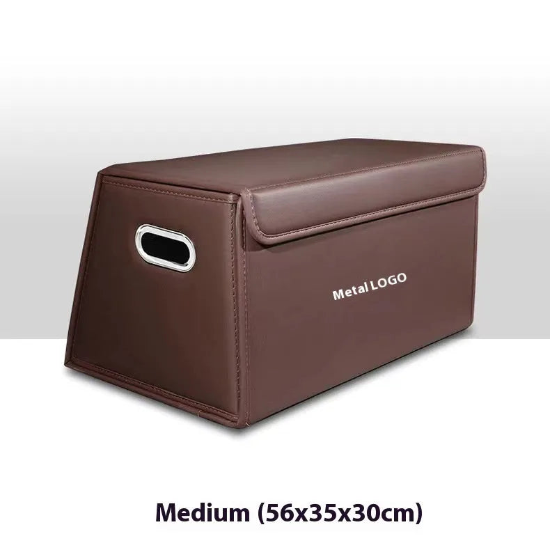 Folding car trunk storage organiser in waterproof leather, available in black, brown, and wine red colours with medium and small size options.
