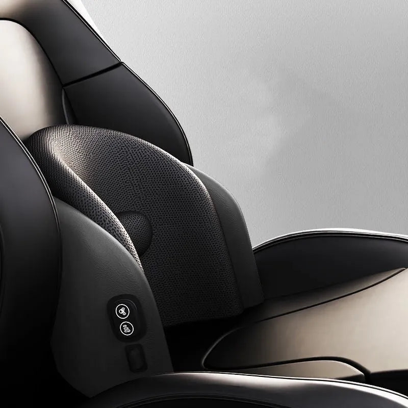 Car seat massage cushion and headrest set made from memory foam in a neutral colour.