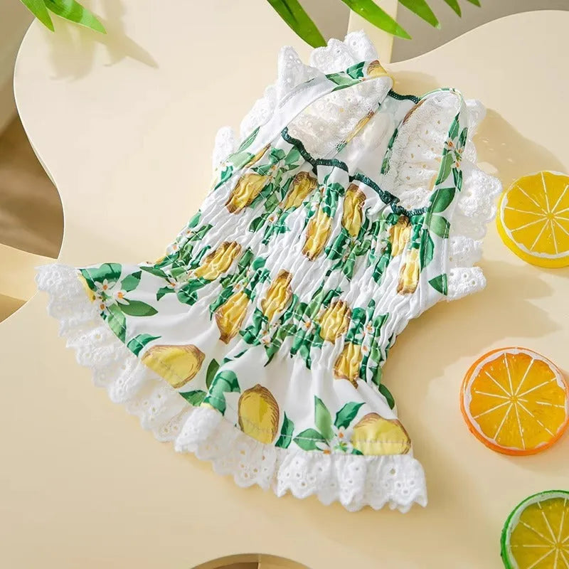 Rock yellow lemon polyester dog skirt dress with thin straps and princess style design