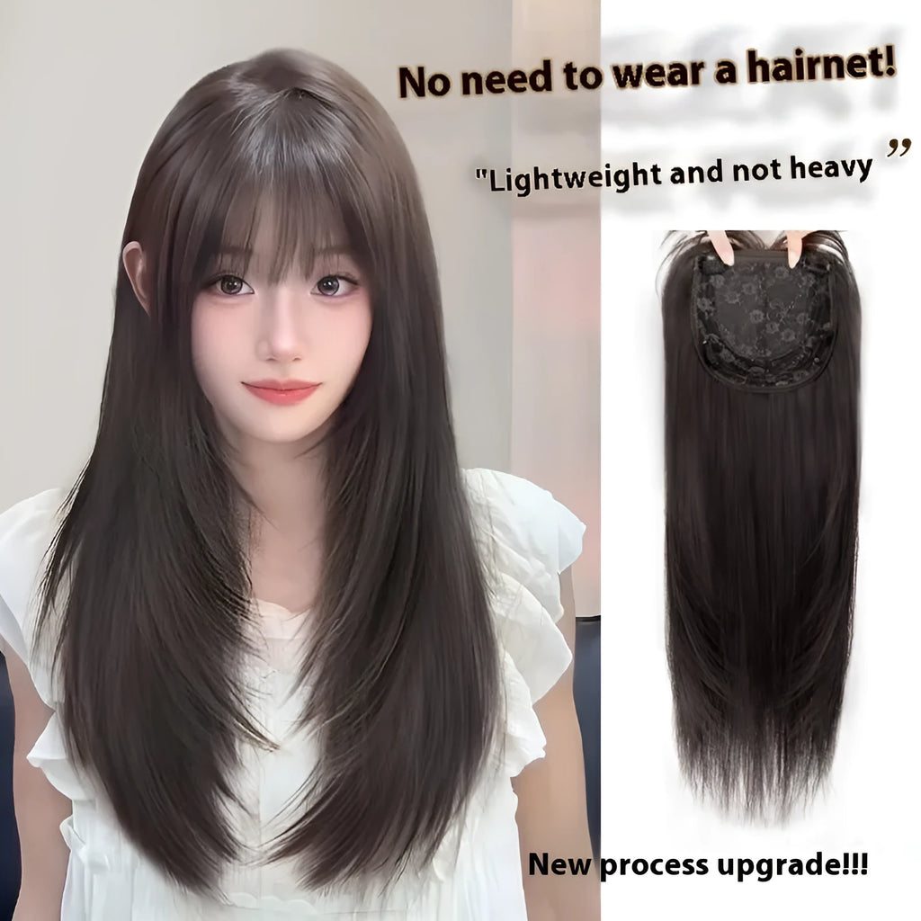 Full-head black straight layered synthetic wig with adjustable straps and natural-looking bangs