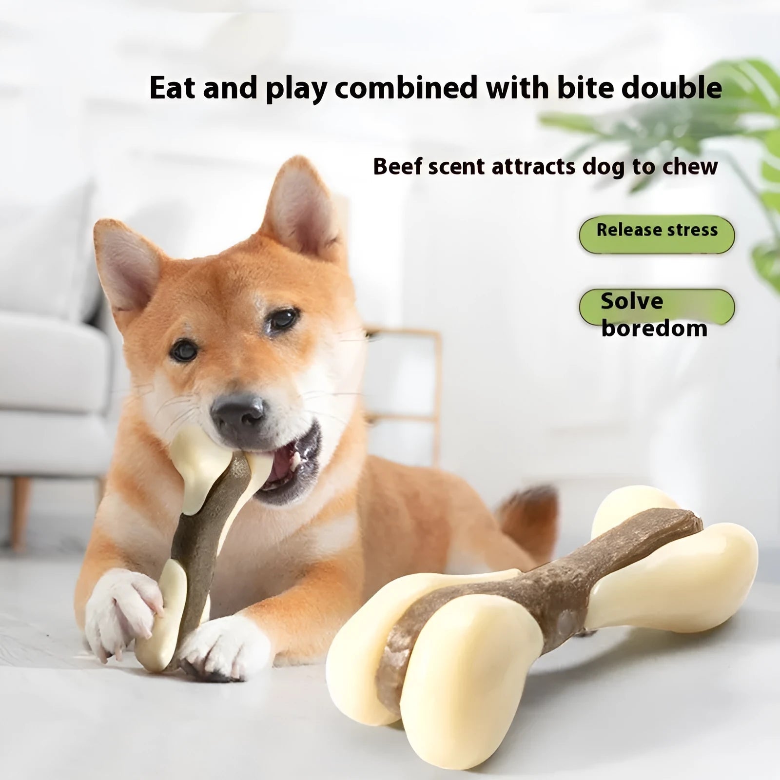 Bone grinding rod dog chew toy in foodie bones colours with cowhide leather and nylon cord construction