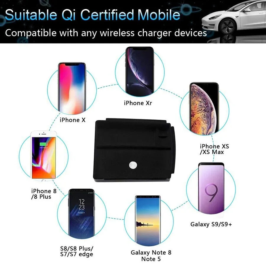 Black wireless charging storage box for QI standard phones on a desk