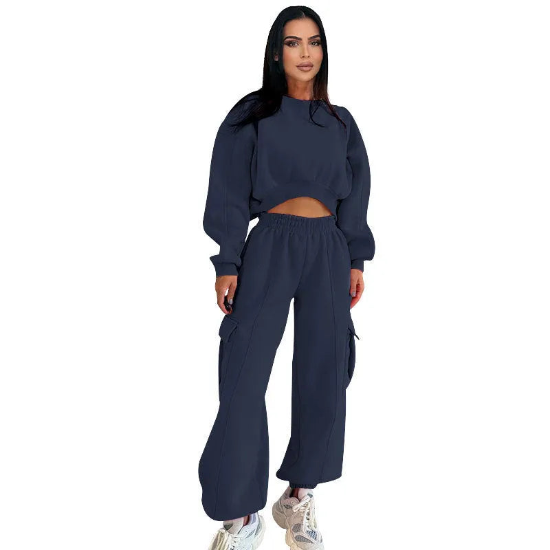 Women's two-piece sweatshirt and sweatpants set with pockets, high waist, loose fit, available in five colours