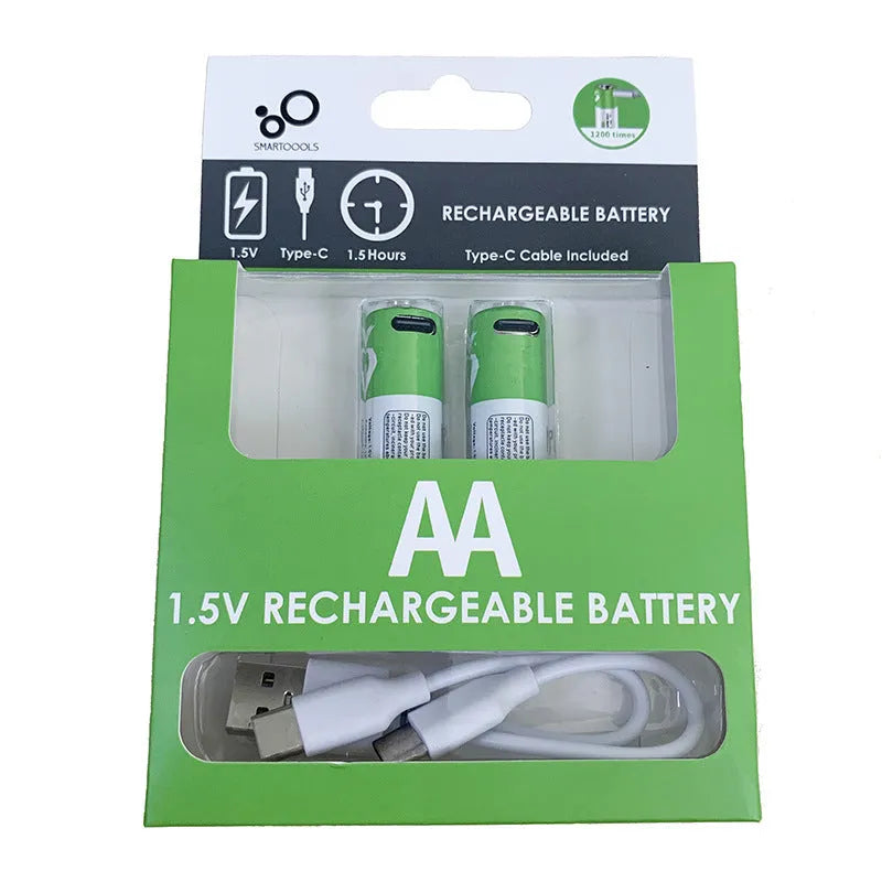 AA and AAA rechargeable lithium batteries with USB charging cable, 1.5V, 2600mWh and 750mWh capacity