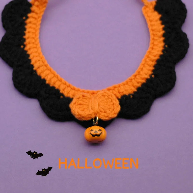 Hand crocheted wool Halloween pet collar in pumpkin colours with adjustable sizing