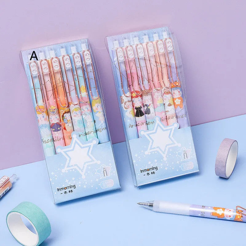 Set of six press gel pens with 0.5mm tips featuring cartoon constellation designs in two style options.