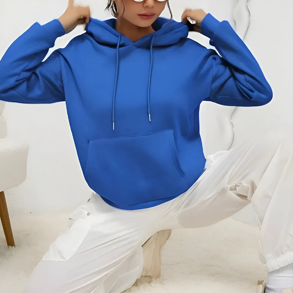 Women's loose grey drawstring hood sweatshirt with a front kangaroo pocket on a hanger.