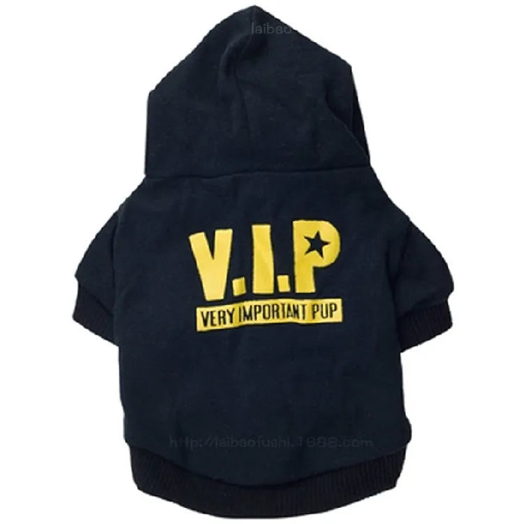 Fleece printed dog clothes in style A on a small dog, with collar opening and four leg holes
