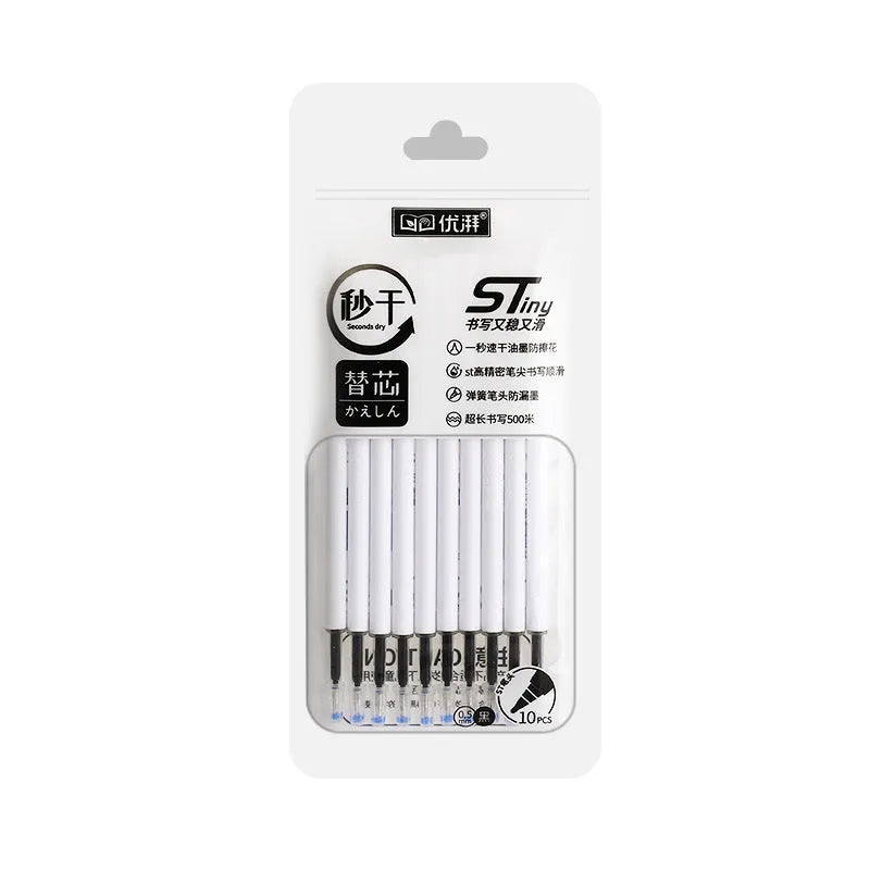 A pack of 10 quick-drying bullet pen refills in black, blue, red, and ink blue colours.