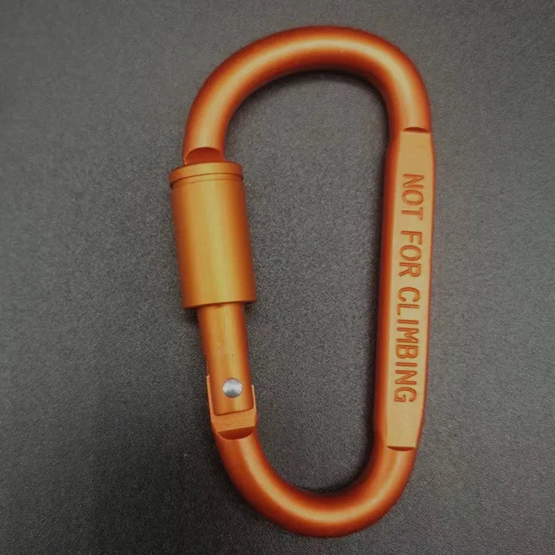 Aluminium D-type carabiner with lock in multiple colour options showing 8cm flat design