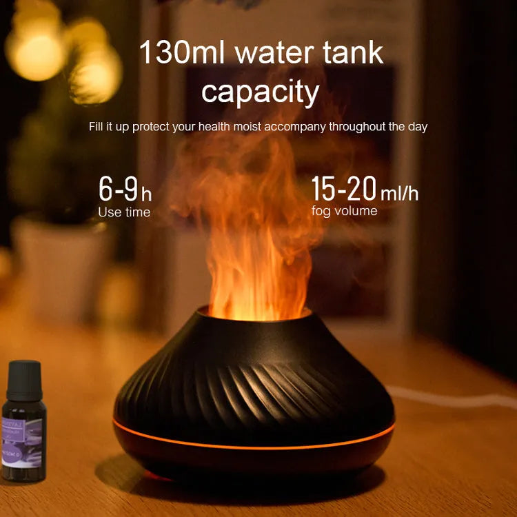 130ml RGB flame aroma diffuser with 3D colourful fire volcano effect humidifier night light black