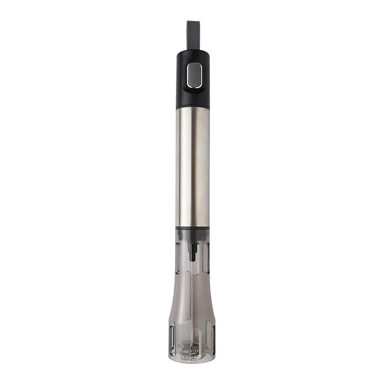 Portable electric foam maker in dark grey with 304 stainless steel whisk and ABS plastic body, dimensions 23cm x 12.5cm x 4.5cm