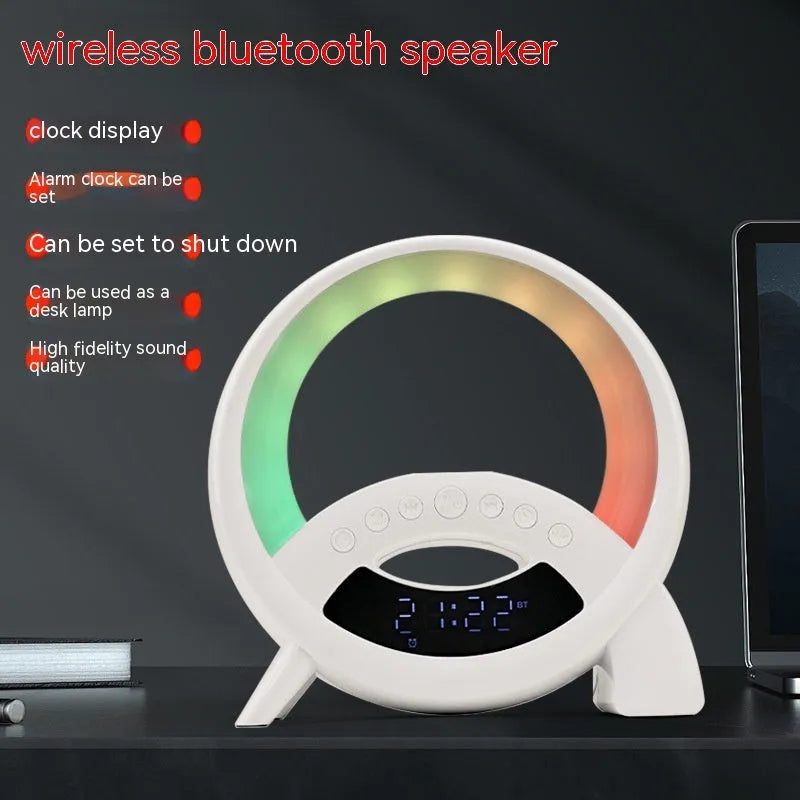 White USB digital alarm clock with night light and speaker showing alarm function and card slot