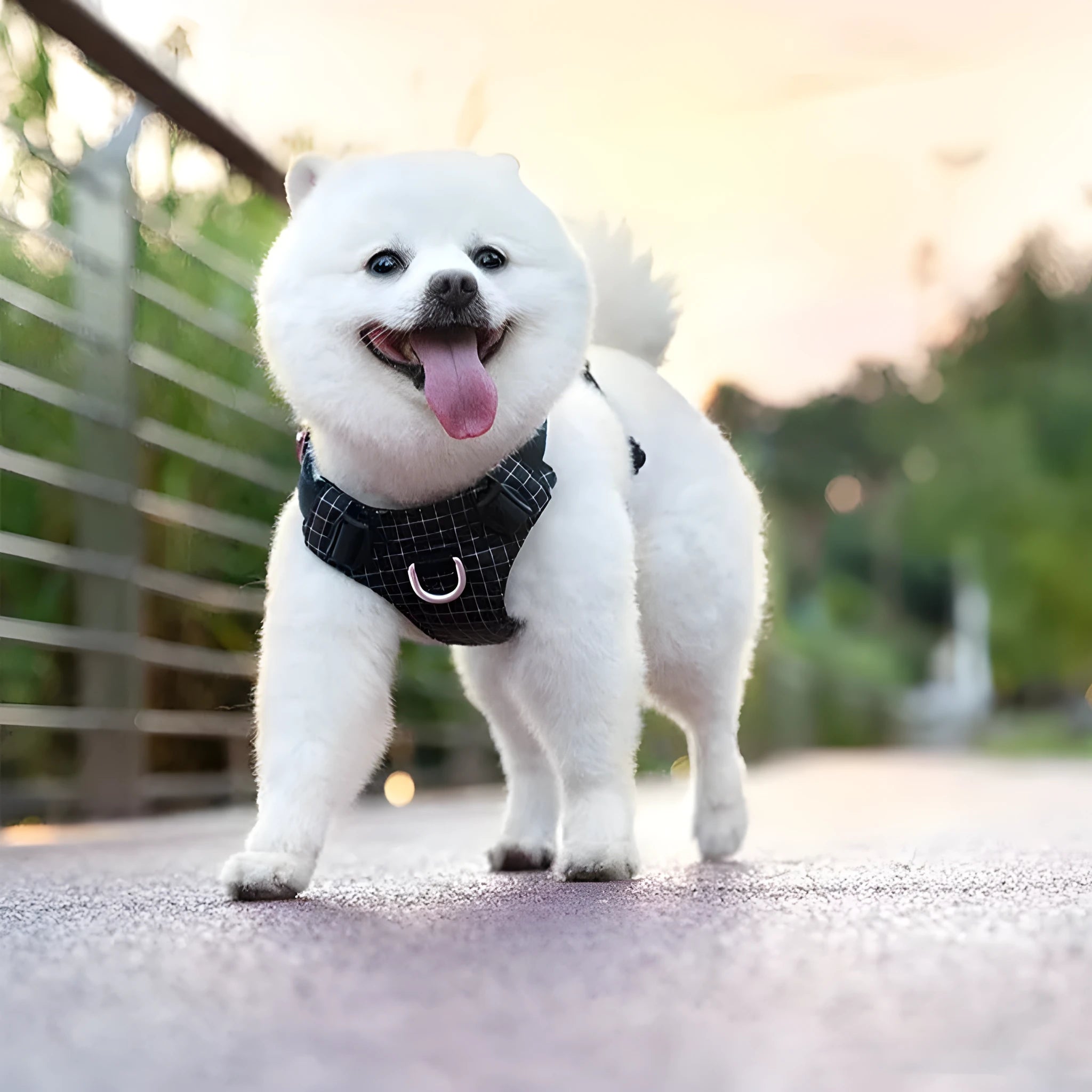 LED dog chest harness with reflective strips in light purple colour, showing adjustable straps and lighting system