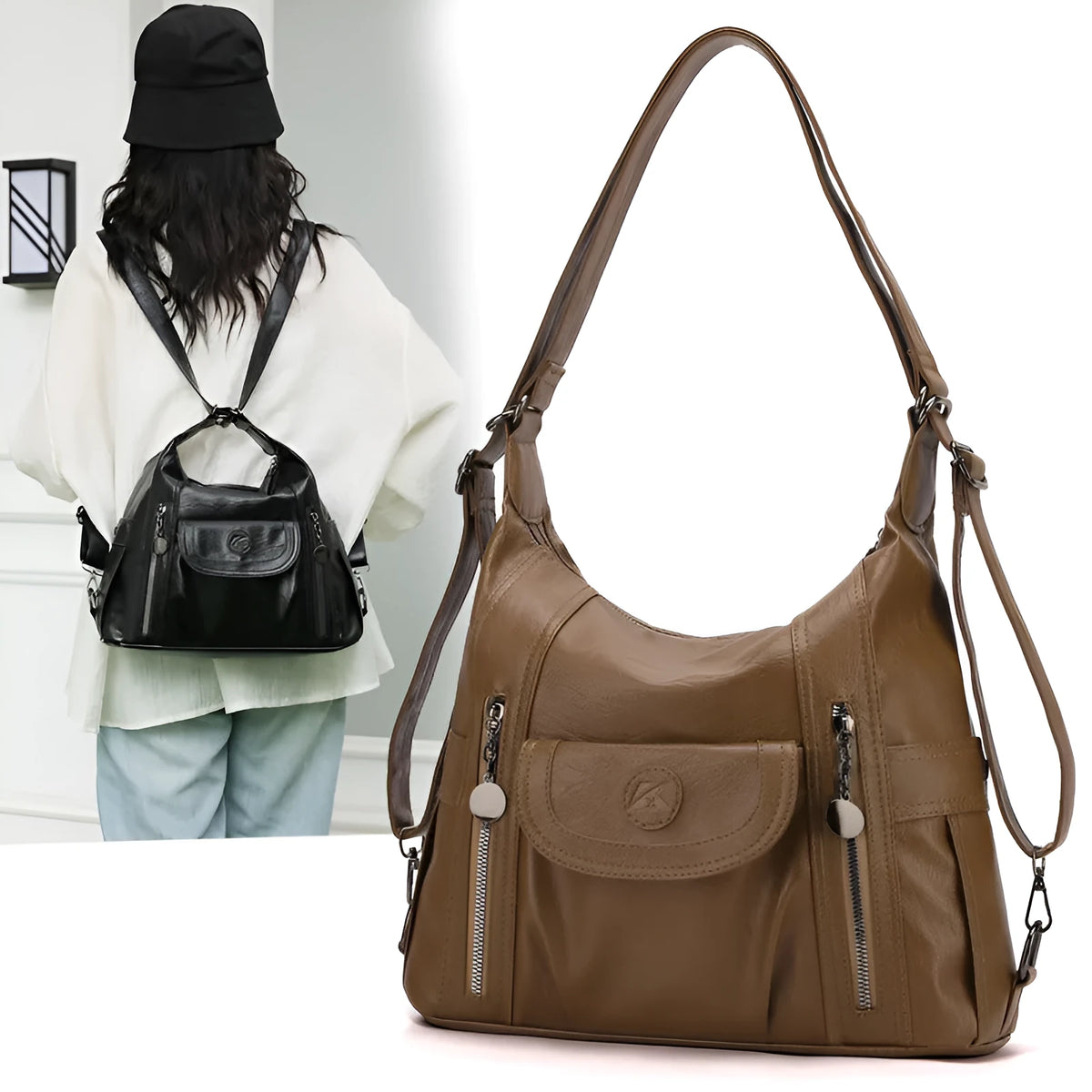 Women's PU leather shoulder messenger bag with zip compartments, available in black, brown or champagne
