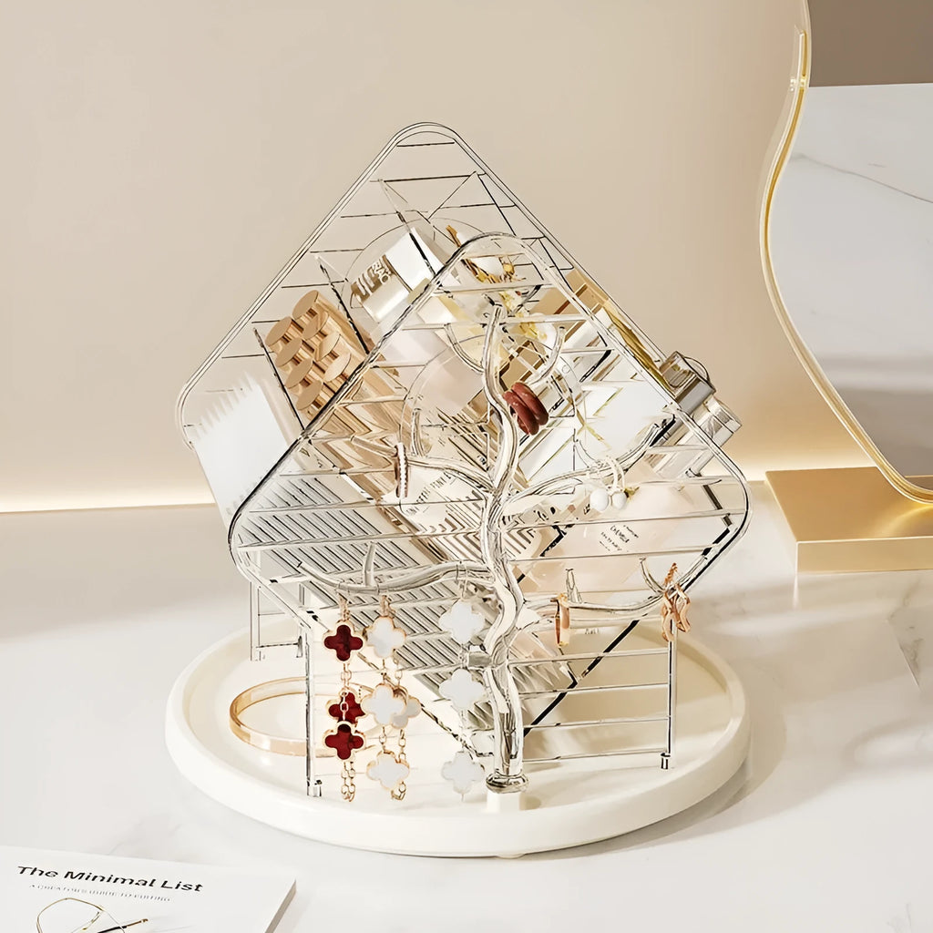 Rotating cosmetics storage box in Amber Gold colour on a vanity.