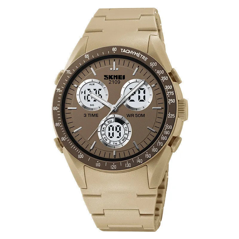 Men's and women's electronic casual watch with a black TPU strap and camouflage-pattern dial on a wrist.