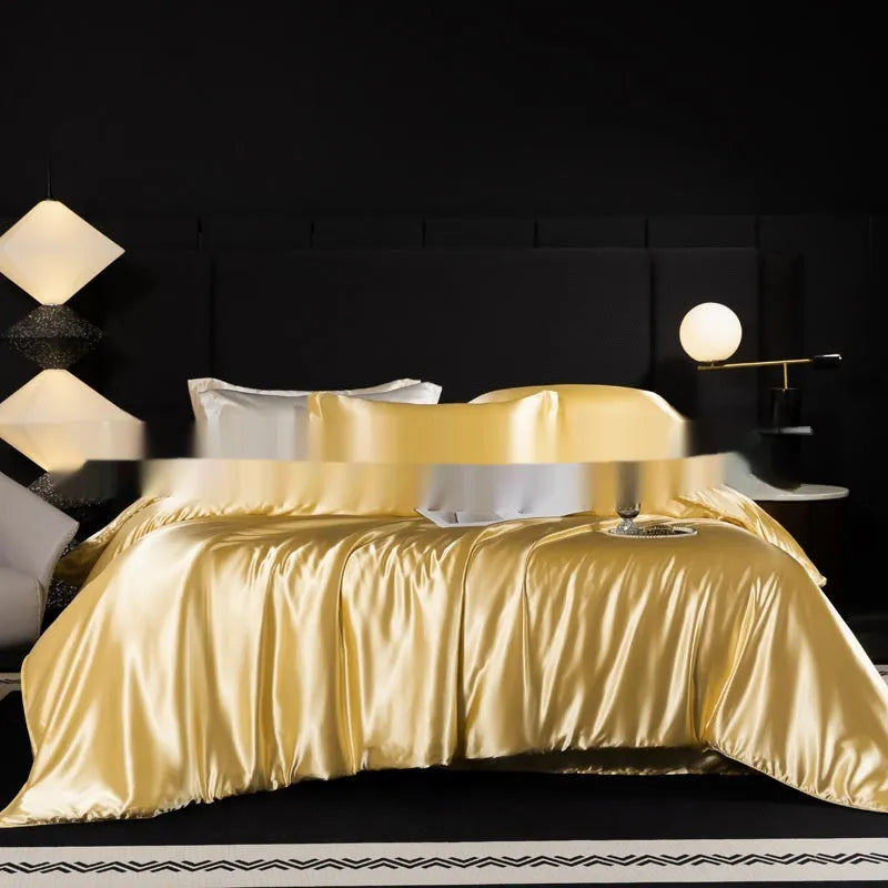 Solid colour silk bed sheet four-piece set showing Ash Purple, Cool Black, and Matcha Green options on a bed.