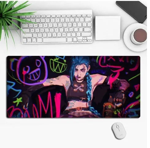 Custom anime graphic gaming mouse pad with non-slip rubber base on a wooden desk.