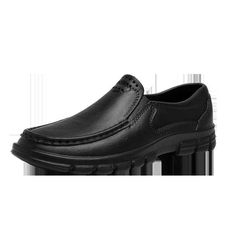Men's black slip-on casual shoes with a waterproof platform sole and round toe.