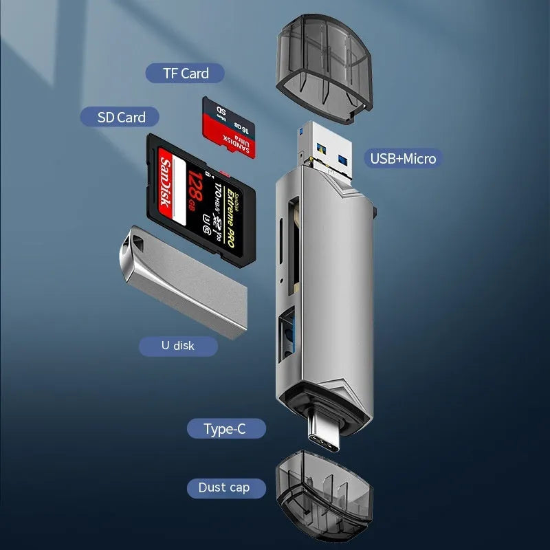 USB30 multi-functional card reader in silver aluminium alloy with SD and TF slots