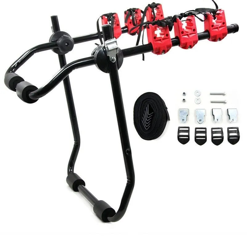 Black and red trunk mounted car bike rack with tie rope fastening, showing iron frame and sponge padding.