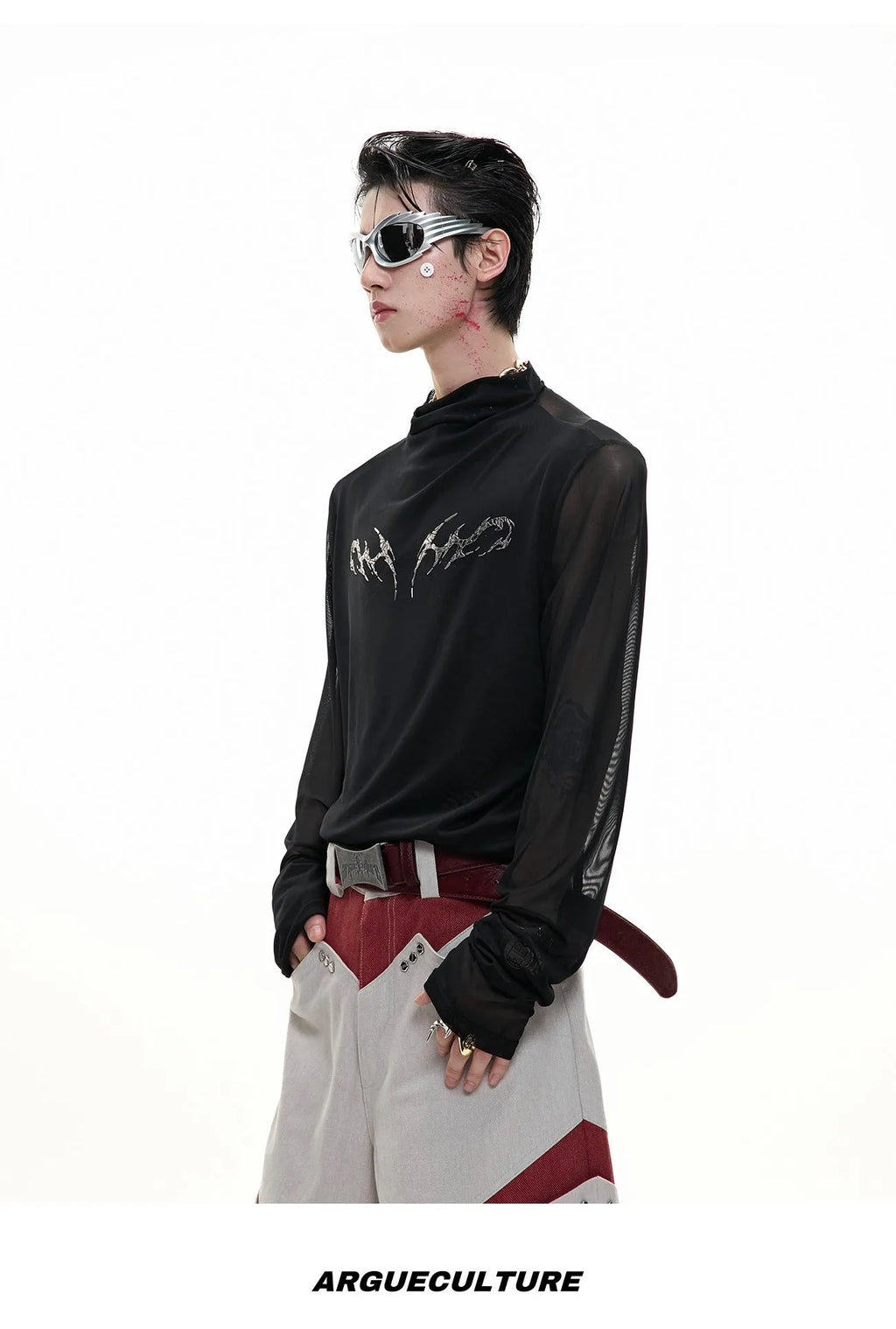 Black and white long sleeve mesh slim fit shirt for layering