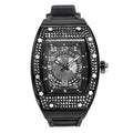 Men's tonneau quartz watch with full diamond silicone band, 50mm barrel dial, metal case, and pin buckle
