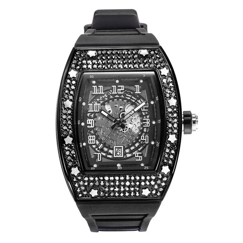 Men's tonneau quartz watch with full diamond silicone band, 50mm barrel dial, metal case, and pin buckle