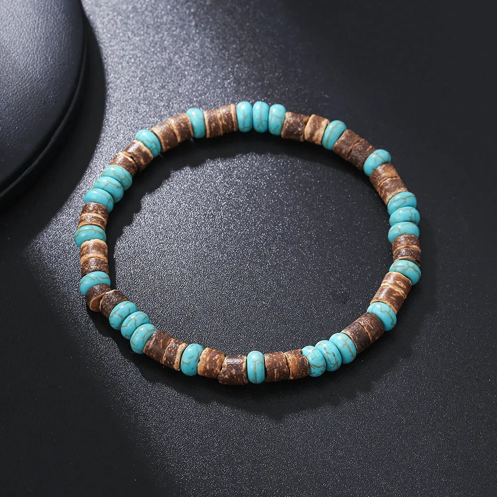 Hand-woven unisex wood bracelet with turquoise accents and totem pattern