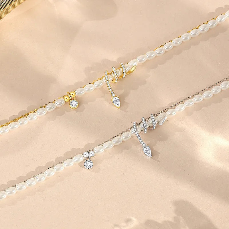 Women's snake zodiac beaded bracelet in 925 silver with electroplated gold or white finish