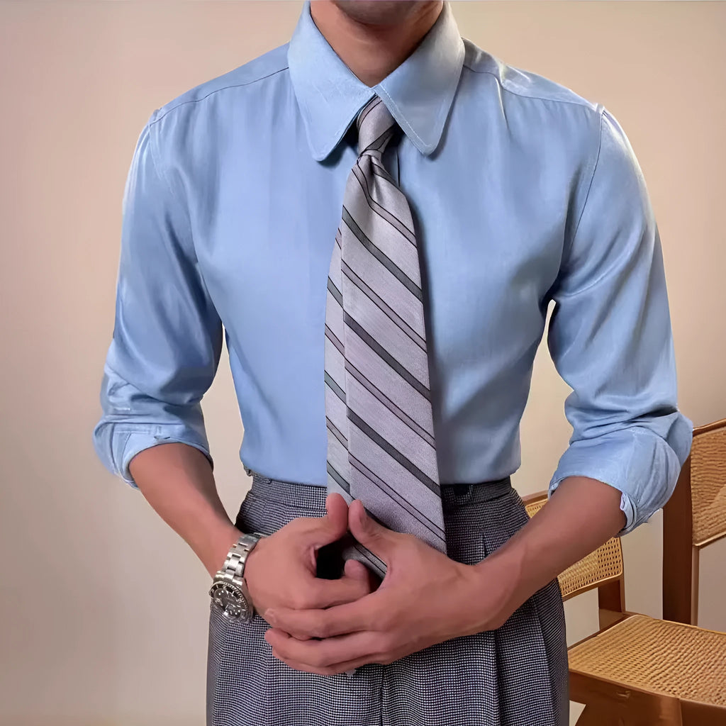 Men's slim fit long sleeve shirt with round collar in sky blue and denim blue colour options