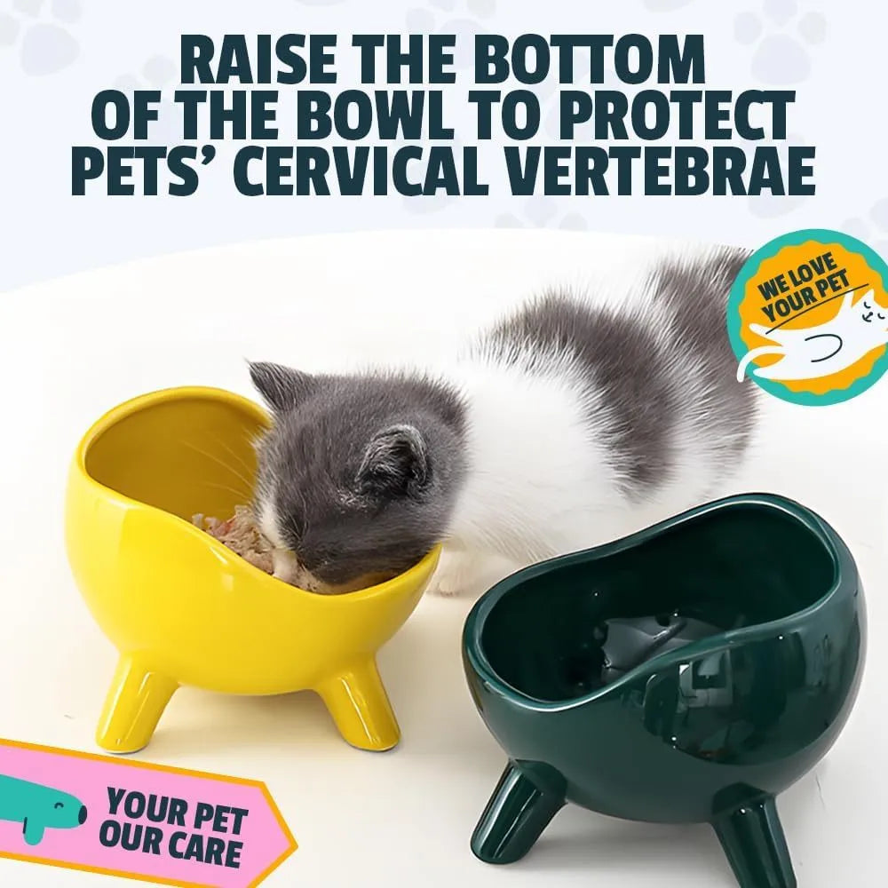 Green ceramic pet bowl with four legs and rounded splatter guard for cats and small dogs