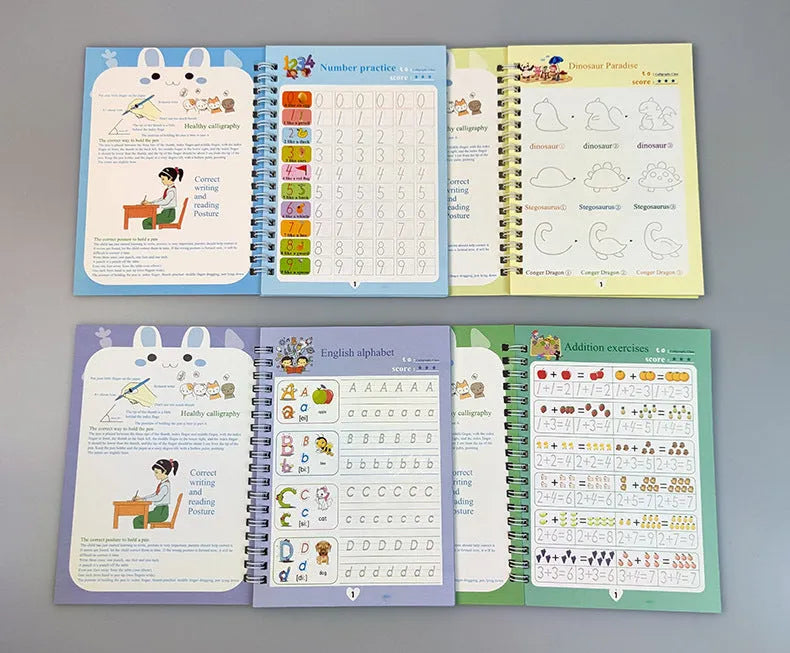 Children's magic calligraphy copybook set showing four coloured books, magic stylus pen, and refills with 3D slot writing design
