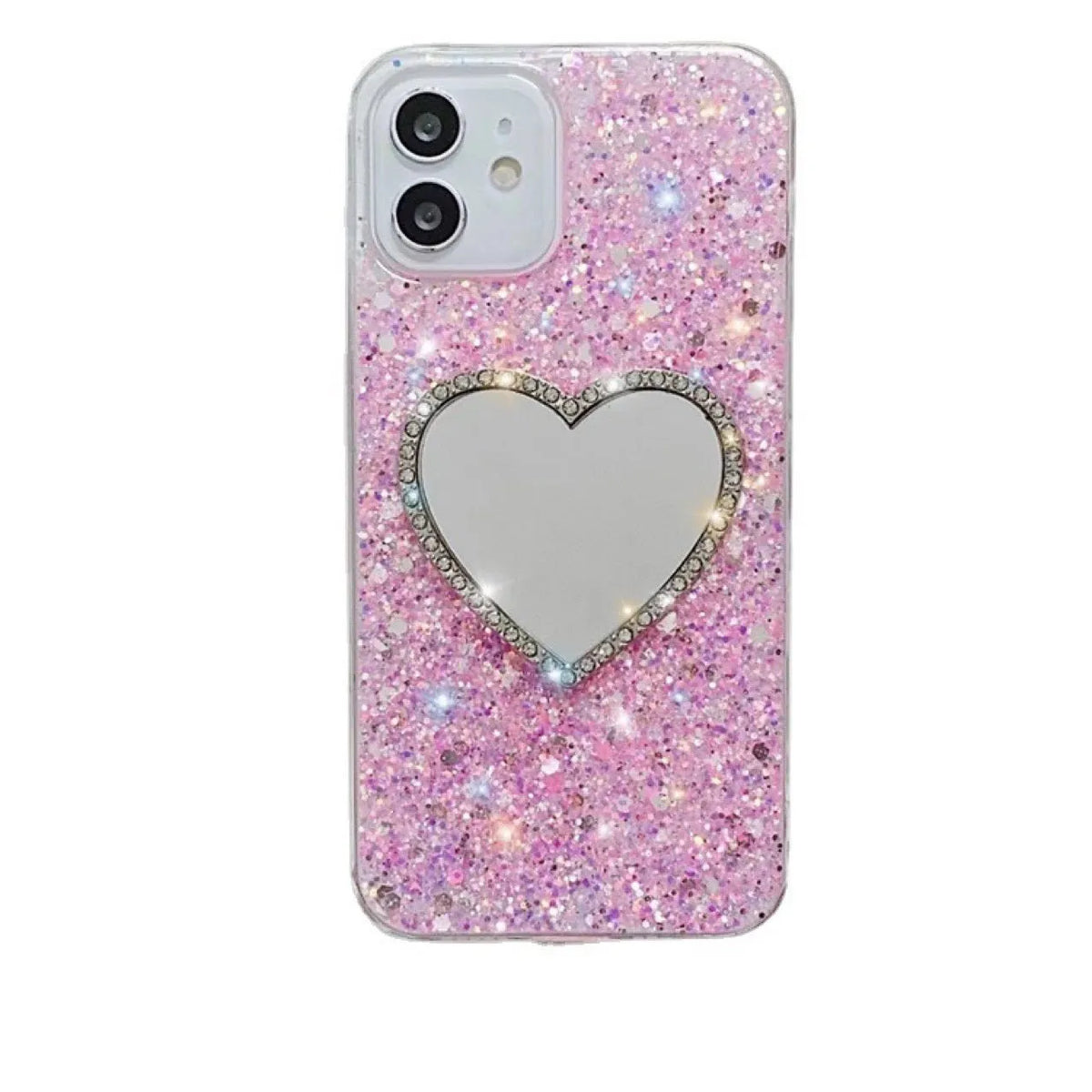 Epoxy mirror heart shape rhinestone phone case for Apple iPhone with glitter gold finish