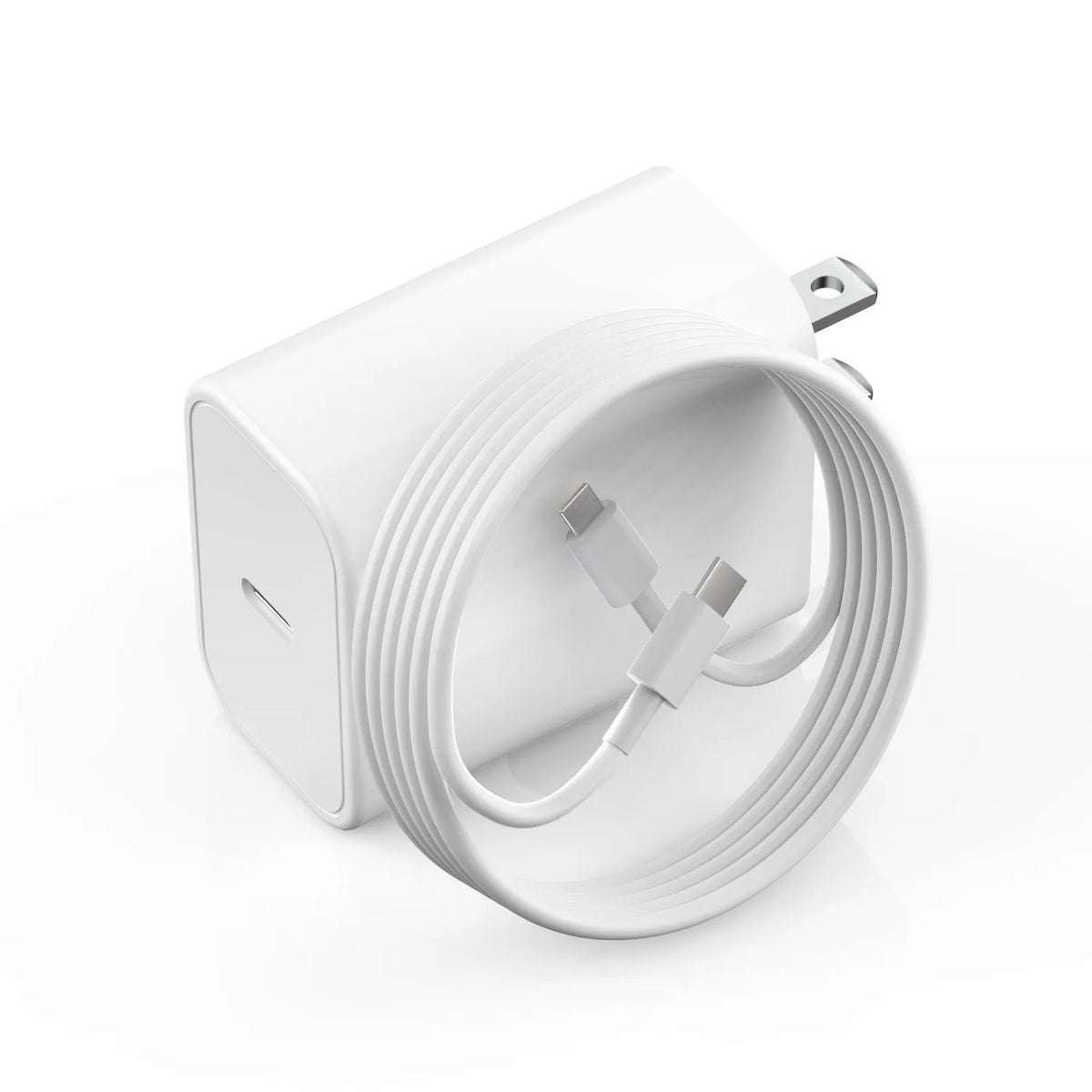 White Type-C USB wall charger with multi-standard plug compatibility and certifications on a plain background