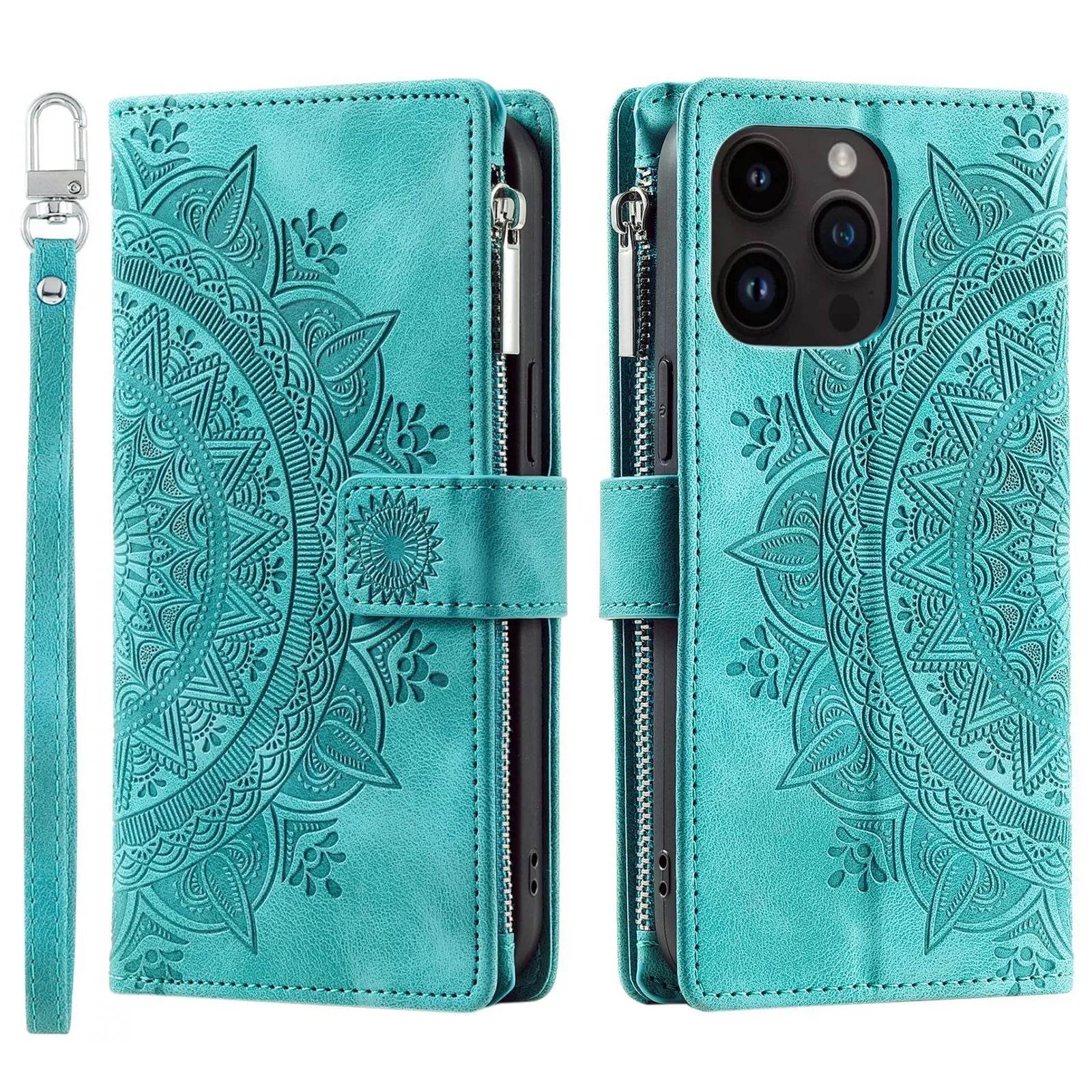 Faux leather card zipper phone case in purple with embossed texture and magnetic closure for iPhone 16