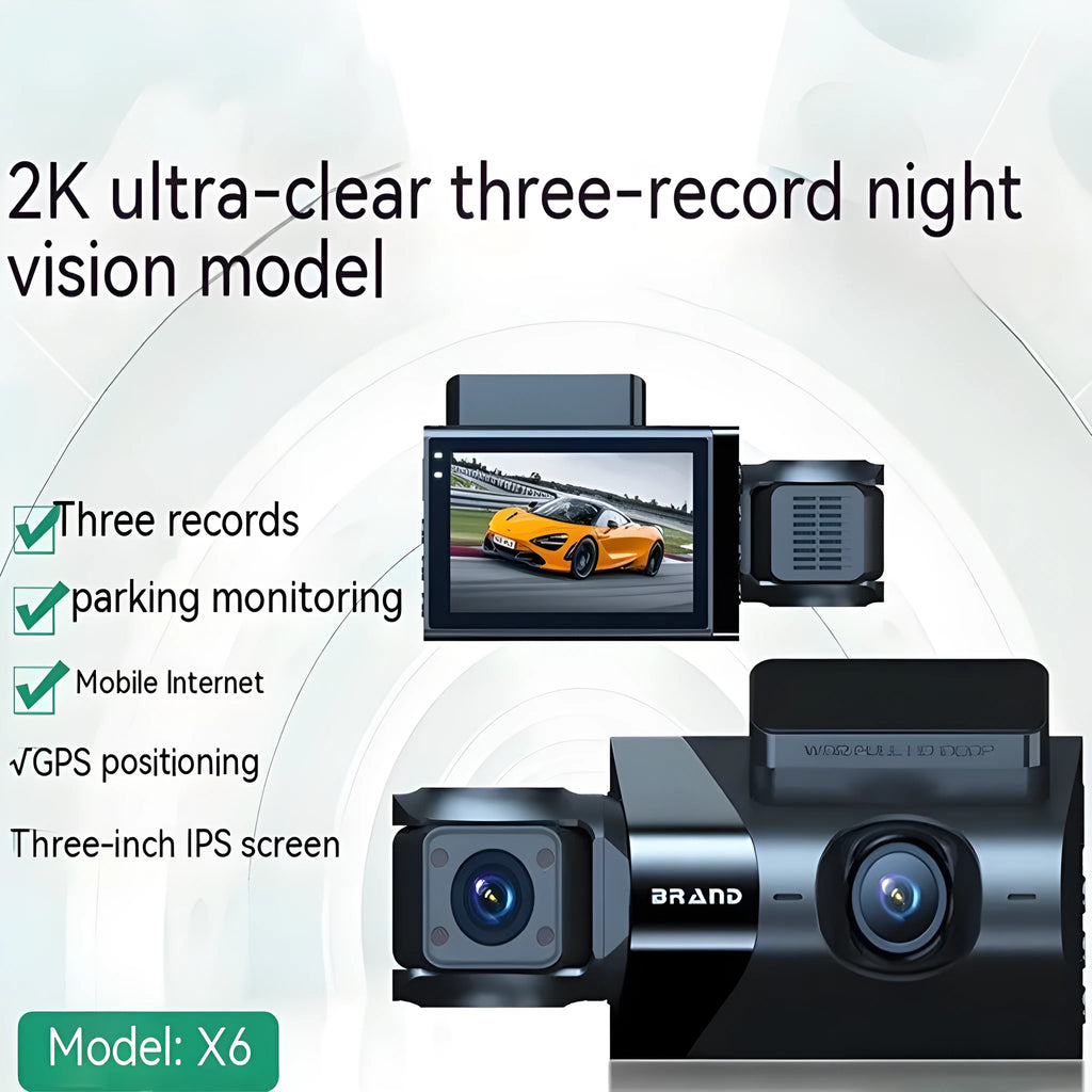 Black car dash camera with 5 inch screen showing GPS map and road recording display.